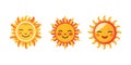 Sun emoji. Funny summer sunshine, sun baby happy morning emoticons. Cartoon sunny smiling faces vector icons Royalty Free Stock Photo