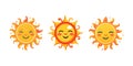 Sun emoji. Funny summer sunshine, sun baby happy morning emoticons. Cartoon sunny smiling faces vector icons Royalty Free Stock Photo