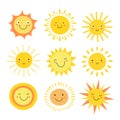 Sun emoji. Funny summer sunshine, sun baby happy morning emoticons. Cartoon sunny smiling faces vector icons