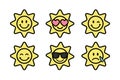 sun emoji set, groovy cartoon characters, sticker pack in trendy retro style, hippie vector design elements Royalty Free Stock Photo