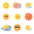 Sun emoji stickers set isolated on white background Royalty Free Stock Photo