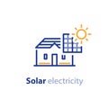 Sun energy, solar panels, home solution, electricity services line icon Royalty Free Stock Photo