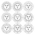 Sun with face abstract cartoon doodle set ethnic boho style sunny various emotions cute icon vector Royalty Free Stock Photo