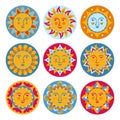 Sun with face abstract cartoon set ethnic boho style sunny various emotions cute icon vector artwork Royalty Free Stock Photo