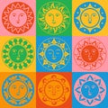 Sun with face abstract ornamental cartoon set ethnic boho style funny emotions cute icon vector Royalty Free Stock Photo