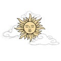 The Sun with face and closed eyes among the clouds. Mystical heaven hand drawn illustration. Sketch style. Astrology and witchcraf