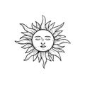 The Sun with face and closed eyes. Mystical heaven hand drawn illustration. Sketch style. Astrology and witchcraft symbol. Engrave