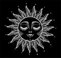 Sun with face and closed eyes, white boho pattern on black background, mystical tarot icon. Vector illustration, sketch