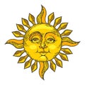 Sun with face color sketch engraving style vector Royalty Free Stock Photo