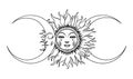 The sun with a face and the crescent moon with closed eyes. Mystical hand drawing poster, Celestial line astrology Royalty Free Stock Photo