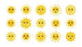 Sun face. Doodle yellow smiles with sunbeams. Isolated happy and sad emoji set. Sunny weather funny stickers. Hand drawn round Royalty Free Stock Photo