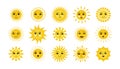 Sun face. Doodle yellow smiles with sunbeams. Isolated happy and sad emoji set. Sunny weather funny stickers. Hand drawn Royalty Free Stock Photo