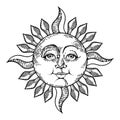 Sun with face engraving style vector illustration Royalty Free Stock Photo