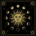 Sun face with moon orbits phases in line art, engraving, luxury theme for tarot reader