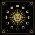 Sun face with moon orbits phases in line art, engraving, luxury theme for tarot reader Royalty Free Stock Photo