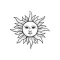 The Sun with face. Mystical heaven hand drawn illustration. Sketch style. Astrology and witchcraft symbol. Engrave vintage stylize Royalty Free Stock Photo