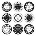 Sun with face ornamental cartoon doodle set ethnic boho style sunny various emotions cute vector Royalty Free Stock Photo