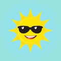 Sun in sunglasses smiling, cute sun icon, avatar image sign, sticker vector illustration 2023. Logo Kids Summer camp