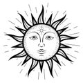 Sun face symbol with wavy rays, vintage style sunshine