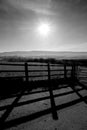 Sun, fence, south downs, countryside, black and white