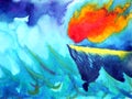 Sun fire flame power in raining storm energy watercolor painting