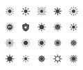 Sun flat glyph icons set. Sunshine, sunny day, summer heat, morning sunlight, hot weather vector illustrations. Black