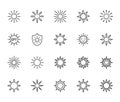 Sun flat line icons set. Sunshine, sunny day, summer heat, morning sunlight, hot weather vector illustrations. Outline