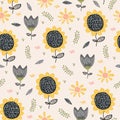 Sun flower pattern drawing background. Seamless hand drawn floral botanical design vector illustration for textile print Royalty Free Stock Photo