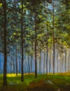 Sun in forest. Illustranion Green spring trees in forest. Beautiful magic landscape