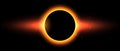 Sun full eclipse concept. Red orange solar glow background. Moon or planet total eclipse in dark space. Hot star surface