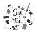 Sun and fun hand written summer time travel silhouette poster with decorational items Royalty Free Stock Photo