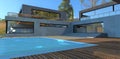 Sun glare on the surface of blue water in the pool in the yard of a modern country cottage. Terrace board flooring. Entrance
