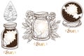 Sun in a glass jar. A set of outline illustrations with sketches of tattoos