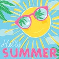 Sun in glasses smiles. Sunglasses reflect the palms and the sky. Hello summer. Royalty Free Stock Photo