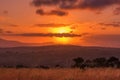 The sun glows behind clouds in an intense sunset above an Africa