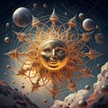 The sun golden symbol against cosmos background. Digital artwork. Ai generated