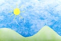 Sun, green hills and blue sky handmade Royalty Free Stock Photo