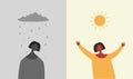 Sun is happy rain sad illustration. Character is sad when it rains and depressive weather rejoices when sun shines. Royalty Free Stock Photo