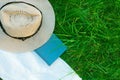 Sun Hat Book Green Grass Summer Holiday Concept Copy Space