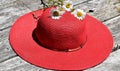Red ladies hat with daisies on a rustic background