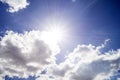 Sun hidden behind light gray clouds against the blue sky Royalty Free Stock Photo