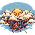 A sun hidding between the fluffy clouds, cartoon style, cute design