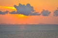 Sun hides behind clowds dramatic and colorful sunset at beach