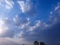 Sun hiding behind clouds, sunrays shining in daylight sky background, nature photography, natural scenic wallpaper