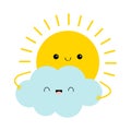 Sun holding cloud icon. Cute kawaii face. Cartoon funny smiling character. Good morning. Hello summer. Sunshine. Yellow color. Royalty Free Stock Photo