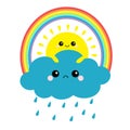 Sun holding cloud, rainbow set. Rain drop weather. Smiling and sad face. Friends forever. Fluffy clouds. Cute cartoon cloudscape.