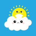 Sun holding cloud Yellow and white set. Smiling and sad face. Friends forever. Fluffy clouds. Cute cartoon cloudscape. Cloudy weat Royalty Free Stock Photo