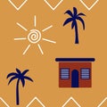 Sun, house, palms on yellow background. Ethnic ornament, mexican style.