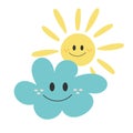Sun Hugging Cloud. Happy smiling characters. Vector Illustration. Royalty Free Stock Photo