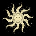 Sun with human face on black background, vintage mystic symbol art. Vector illustration